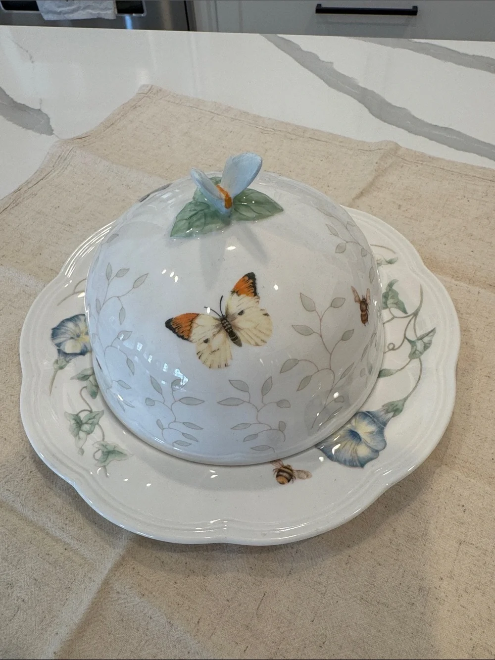 Lenox Butterfly Meadow Covered Butter Cheese Dish and Dome